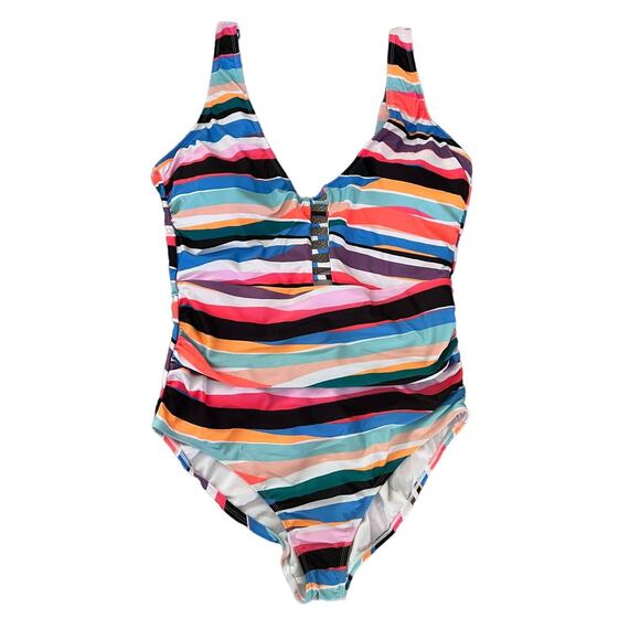 Anne Cole Swimsuit Size 16 Multi Wave Stripe Front Cutout Shirred One Piece NWT - Picture 1 of 9